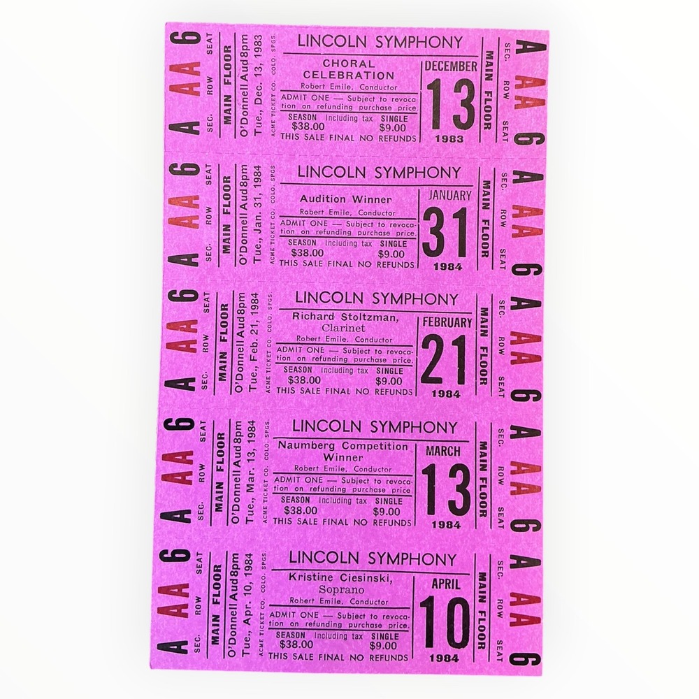1983-84 Lincoln Symphony Nebraska Unused Season Ticket Strip Richard Stoltzman